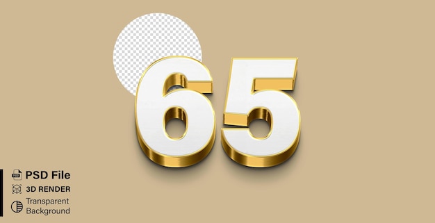 PSD 3d sixty five number 65 gold and white color isolated on transparent background