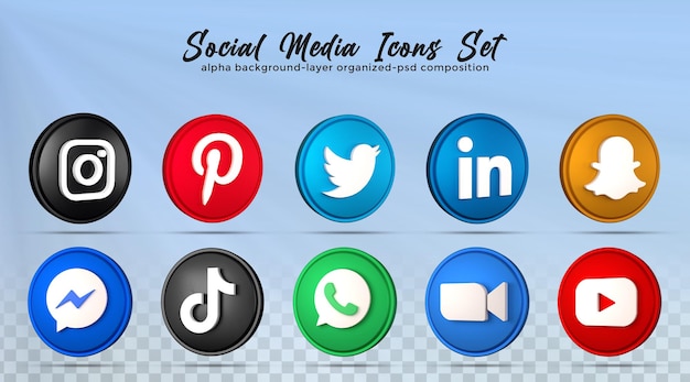 3d social media icons social media logo collection with 3d rendering glossy style