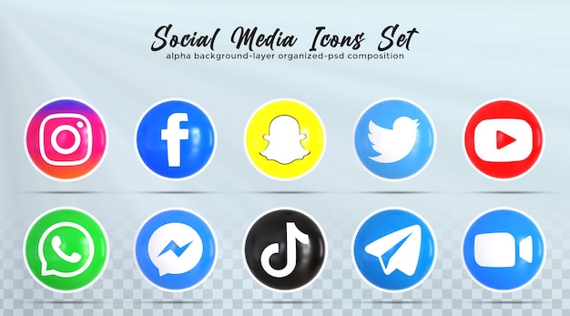 3d social media icons social media logo collection with 3d rendering glossy style