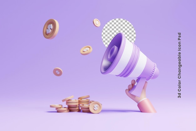 3d social media marketing with megaphone icon or social media marketing speaker with dollar coin