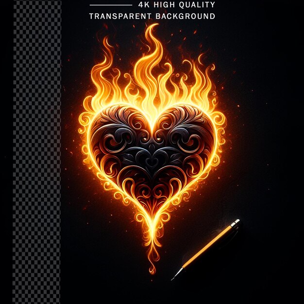 3d Soul heart love with neon fire on transparent background