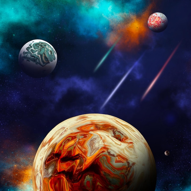 PSD 3d space background with fictional planets and nebula