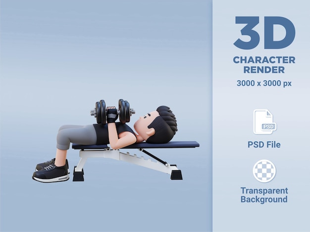 PSD 3d sportsman character enhancing upper body strength with dumbbell close grip bench press