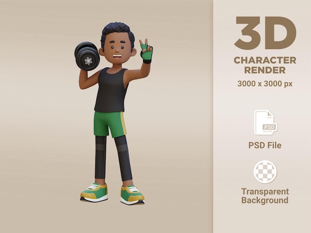 3D Sportsman Character Giving a Peace Sign While Holding Dumbbell