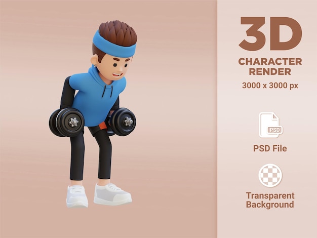 PSD 3d sportsman character performing bent over row dynamic workout with dumbbell