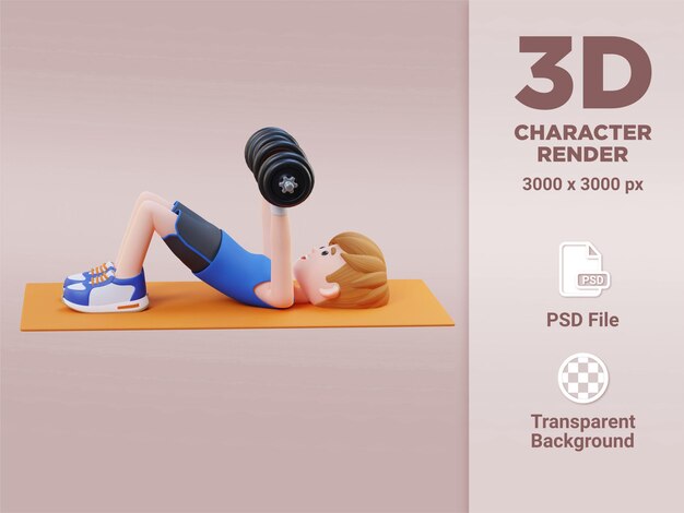 PSD 3d sportsman character performing dumbbell decline floor press