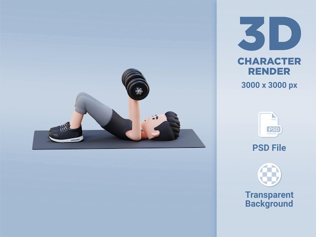 PSD 3d sportsman character performing dumbbell decline floor press