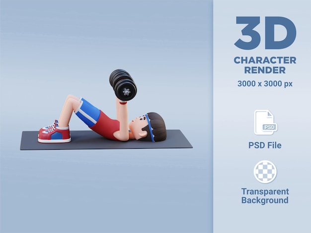 PSD 3d sportsman character performing dumbbell decline floor press