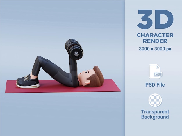 PSD 3d sportsman character performing dumbbell decline floor press