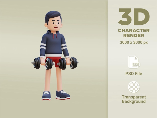 PSD 3d sportsman character performing dumbbell reverse curl