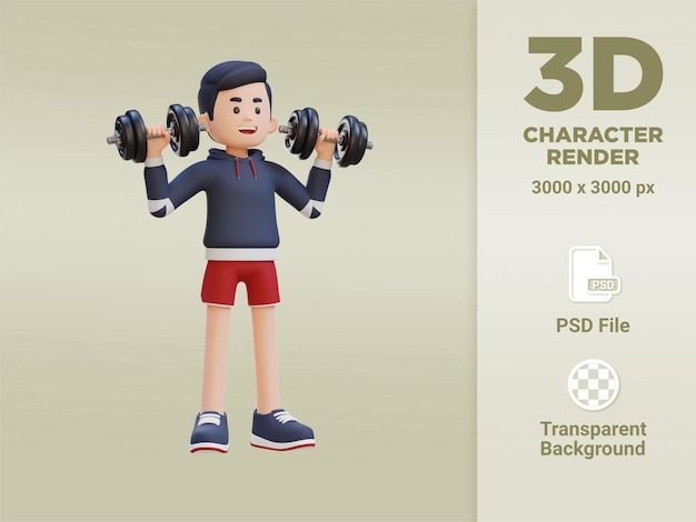 3D Sportsman Character Performing Dumbbell Shoulder Press