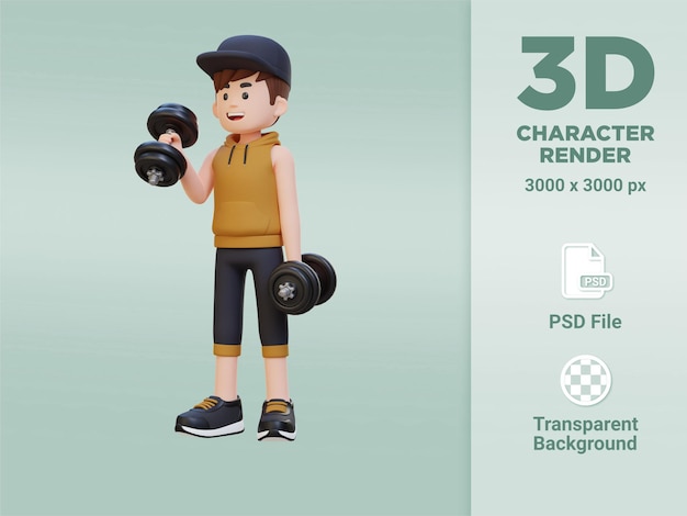 PSD 3d sportsman character performing right hammer curl with dumbbell