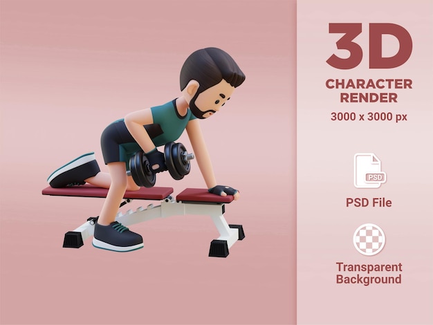 3D Sportsman Character Sculpting Back Muscles with Dumbbell Row Exercise