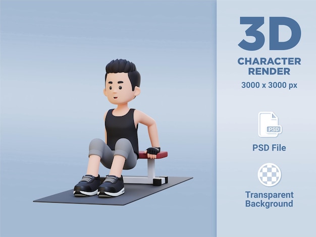 3D Sporty Male Character Building Power with Dips at Gym