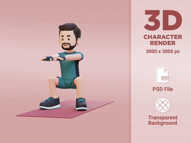 3D Sporty Male Character Mastering Squats in Home Gym