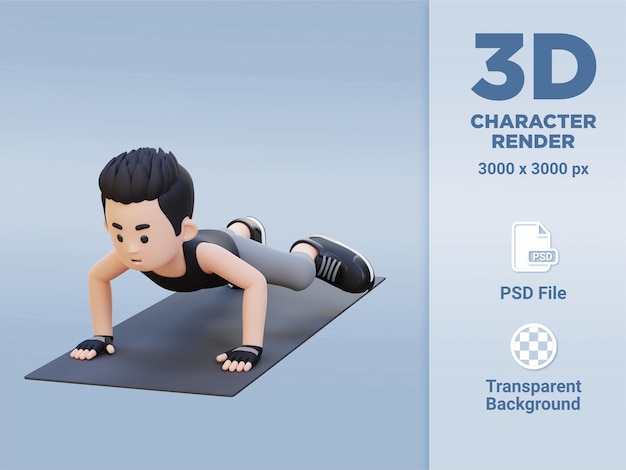 PSD 3d sporty male character performing spiderman push up exercise at home gym