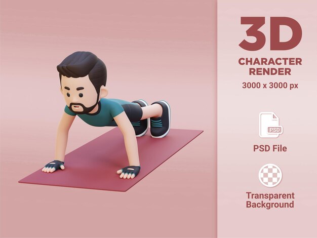 PSD 3d sporty male character performing standard push up exercise at home gym