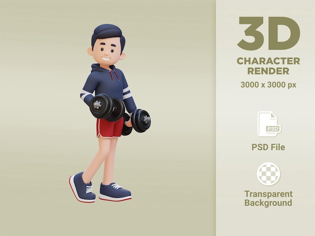 3D Sporty Male Character Showcasing Cool Standing Pose and Holding Dumbbell with Confidence