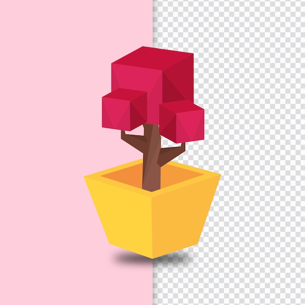 A 3D square shaped tree in a pot with a pink square on it