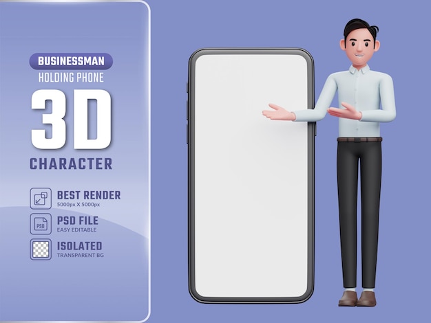 3d standing businessman presenting big phone with white screen