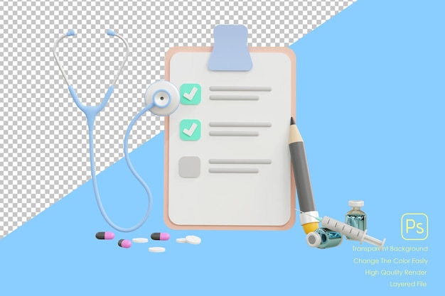 PSD 3d stethoscope and notes on blue background health check concept