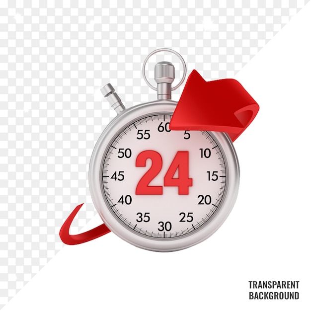 3D stopwatch with arrow number 24 on transparent psd