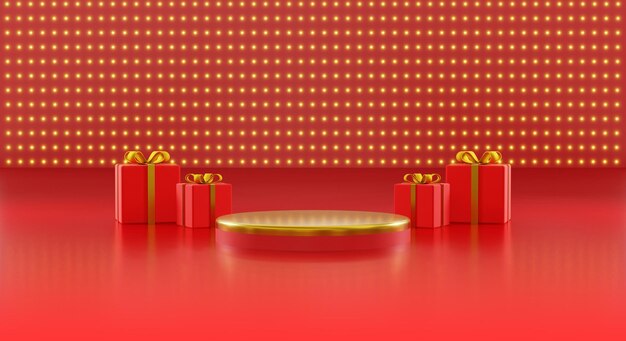 3d style product podium scene with red gift box with gold bow  merry christmas and chinese happy