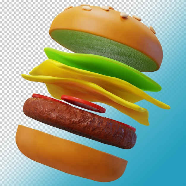 3D Stylized delicious cheese burger on transparent background