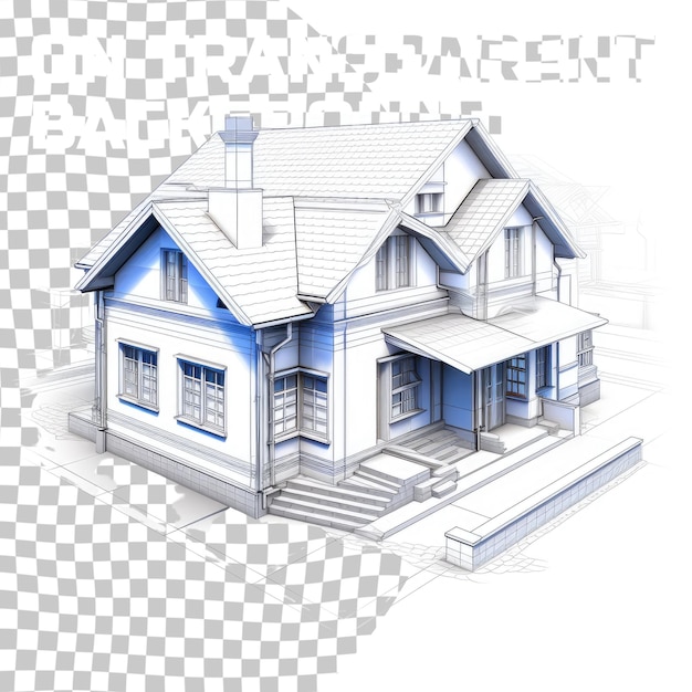 PSD 3d suburban house model drawing of the modern building cottage project on transparent background