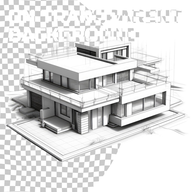 PSD 3d suburban house model drawing of the modern building cottage project on transparent background