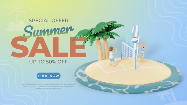 3d summer banner sale with man and girl playing volleyball