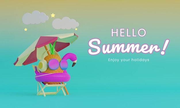 3D summer banner template with pineapple flamingo umbrella 3D Render