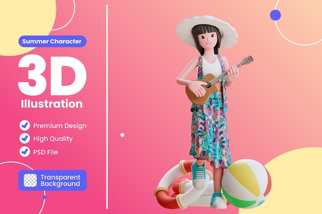 3d summer character female playing ukulele at beach