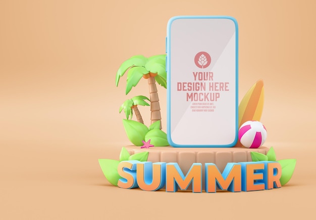 3D Summer Concept witth Mobile Mockup 3D illustration