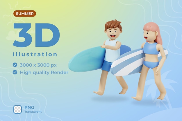 3d summer illustration ready to surf