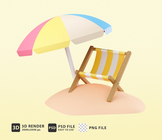 3d summer illustration striped beach chair with beach umbrella