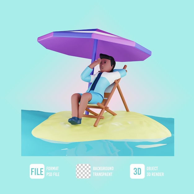 3d summer male character sitting with umbrella beach and playing mobile phone