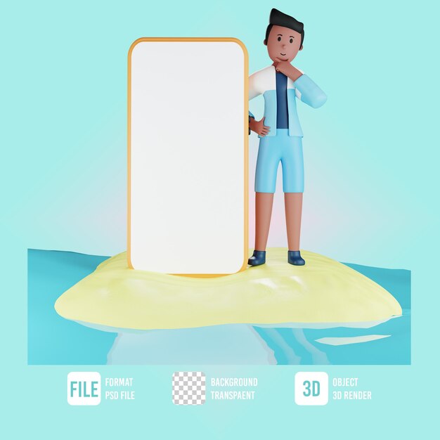 3d summer male character thinking with hand phone and beach illustration