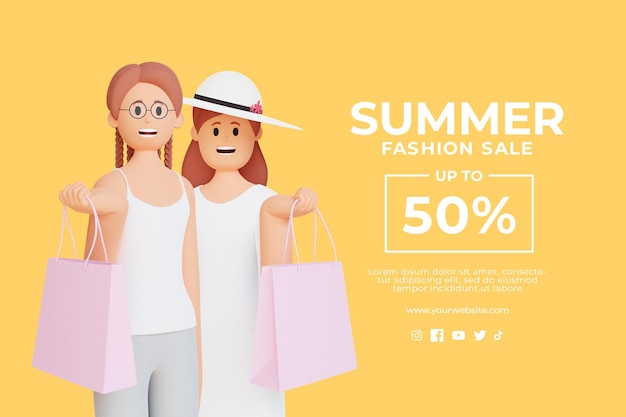 3d summer sale discount template with 3D female character holding shopping bag