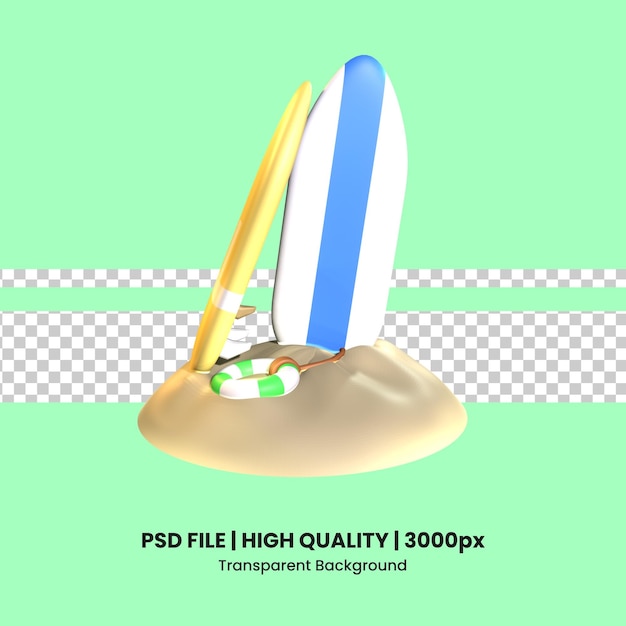 3D surfing board icon summer rendered isolated on the transparent background