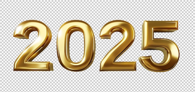 PSD 3d text gold new year 2025 golden realistic rendering new year celebration transparent background