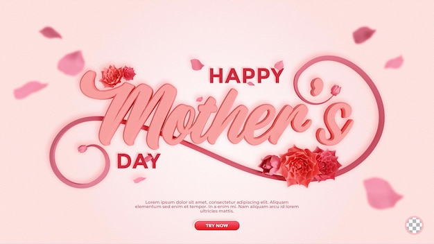 3d text mother day greeting background with flower petal and box in pink color