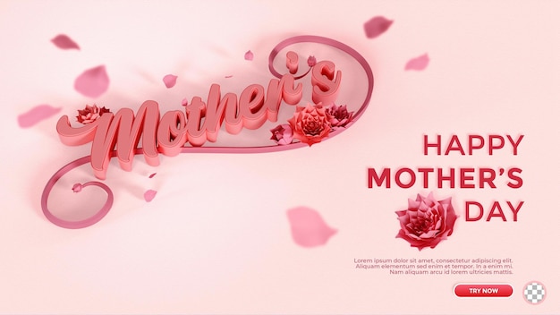 3d text mother day greeting background with flower petal and box in pink color