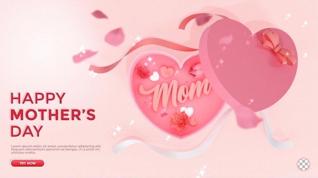 3d text mother day greeting background with flower petal and box in pink color