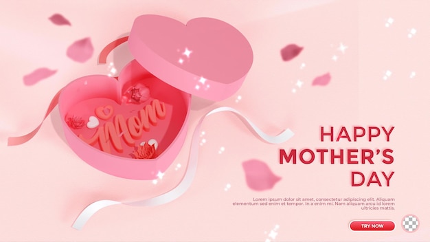 3d text mother day greeting background with flower petal and box in pink color