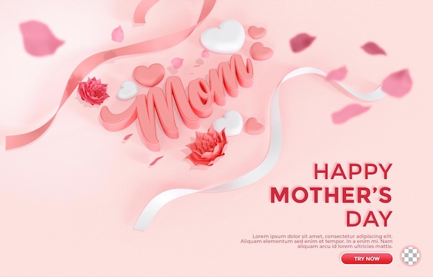 3d text mother day greeting background with flower petal and box in pink color