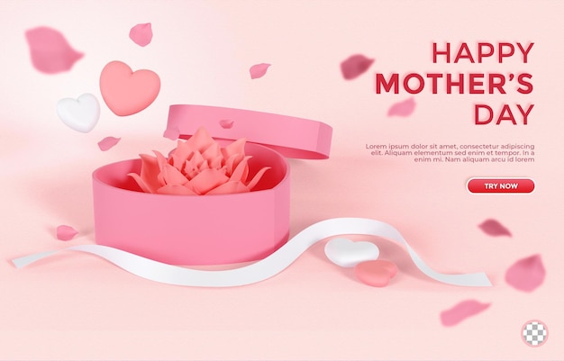 3d text mother day greeting background with flower petal and box in pink color