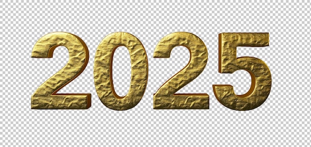 PSD 3d text new year 2025 golden realistic rendering new year celebration transparent background