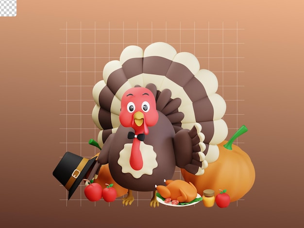 3d thanksgiving turkey chicken illustration turkey with pumpkin and hat