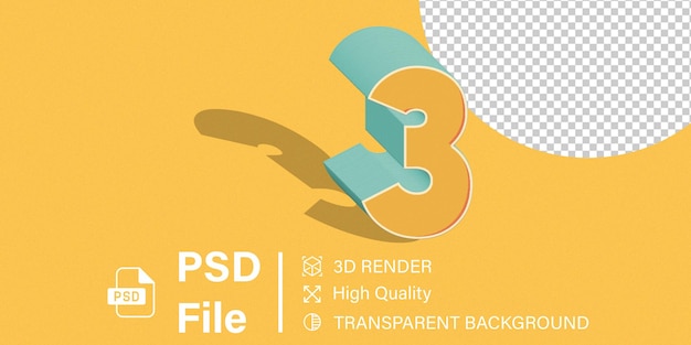 PSD 3d three number 3 yellow color isolated on transparent background